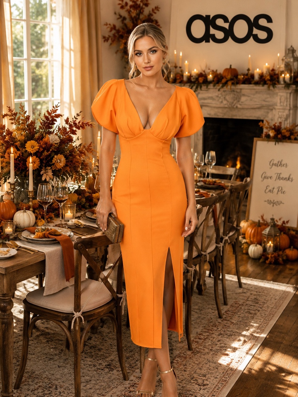 ASOS Design Orange Neoprene Scuba Midi Dress Sculpted Puff Sleeve Slit Size 4